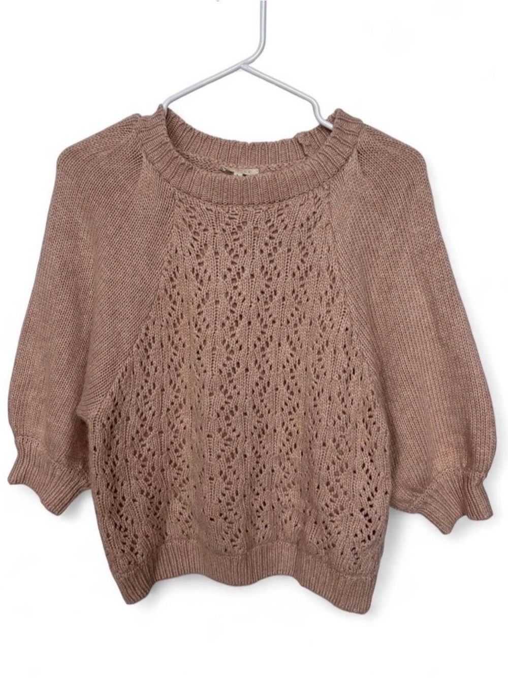 Roolee Taupe Pointelle Eyelet Open Knit Sweater Large Elbow Sleeve Boho Neutral